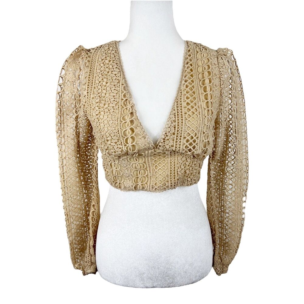 Unbranded Blouse Women Small Neutral Tan Floral Crochet Cropped V-Neck Zip Back